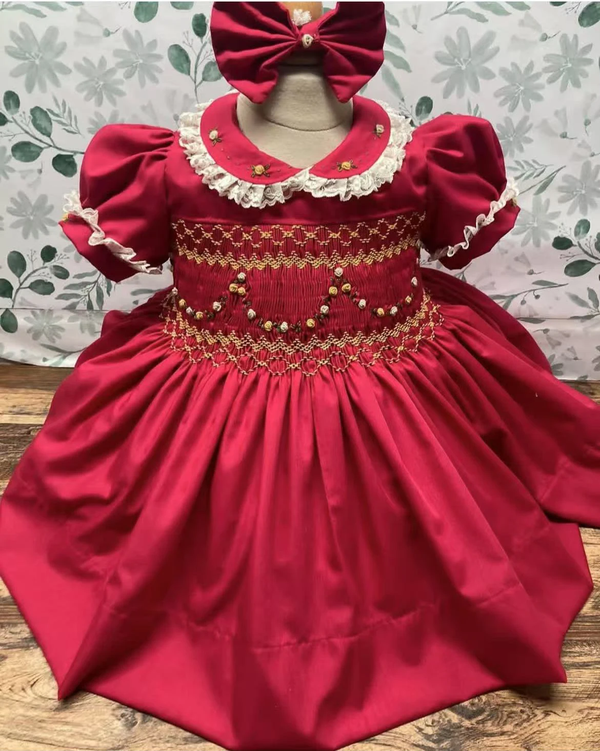 Baby Girl Summer Red Flower Handmade Embroidery Smocked Dress for Christmas Eid Birthday Party Holiday Photography Casual A189
