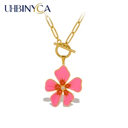 UHBINYCA Personalized Pink Flower Pendant Necklace for Women, Stainless Steel Cold Enamel Exquisite Necklace
