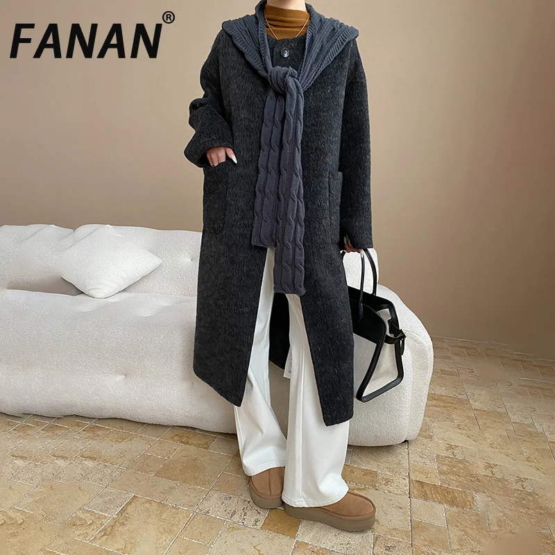 

FANAN 100% Woolen Warm Coats For Women Round Neck Knitted Shawl Design Single Breasted Long Outwear Female 2025 Winter New