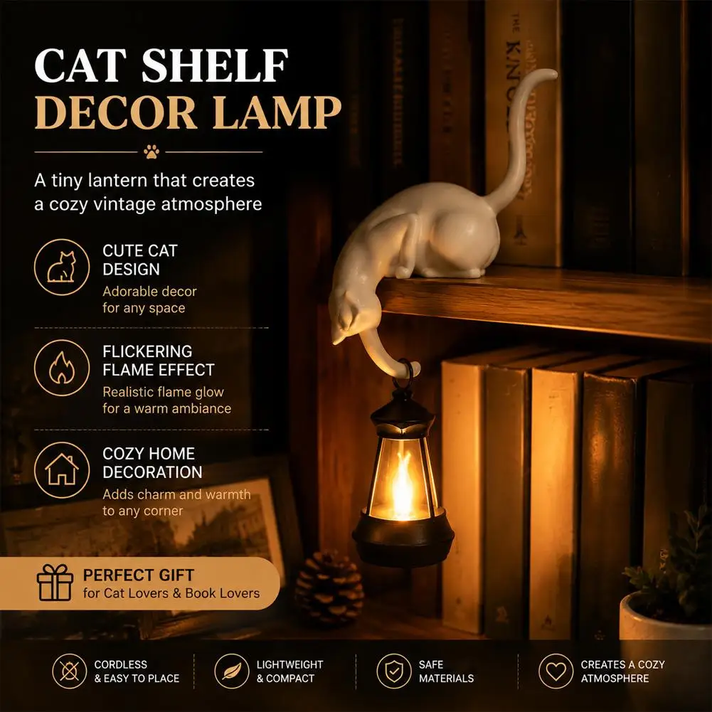 Cat Shelf Decor Lamp Hanging Lantern Resin Statue Flickering Flame Bookshelf Desktop Vintage Night Light Home Ornament Gift