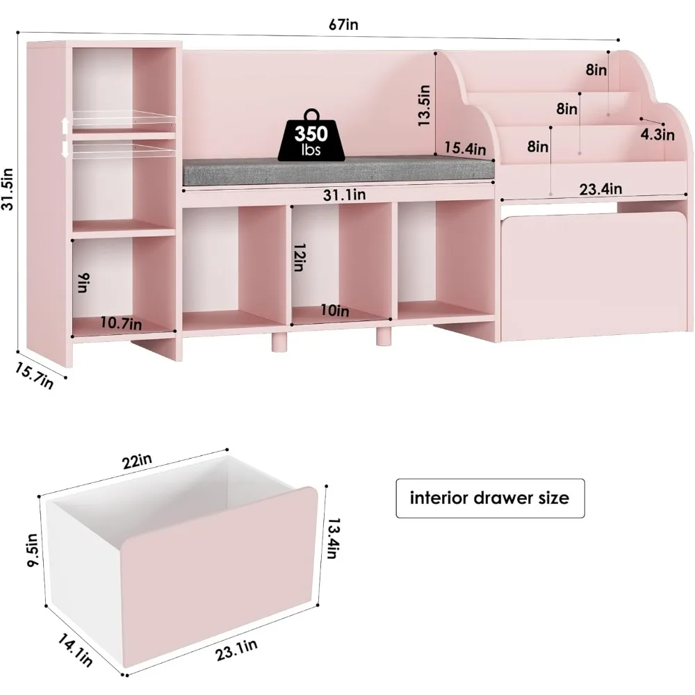 67" Kinder-Lesecke mit Bank, Kinder-Bücherregal und Bücherregal mit Sitzkissen und 6 Aufbewahrungsboxen, Spielzeug-Aufbewahrungsbox auf Rädern