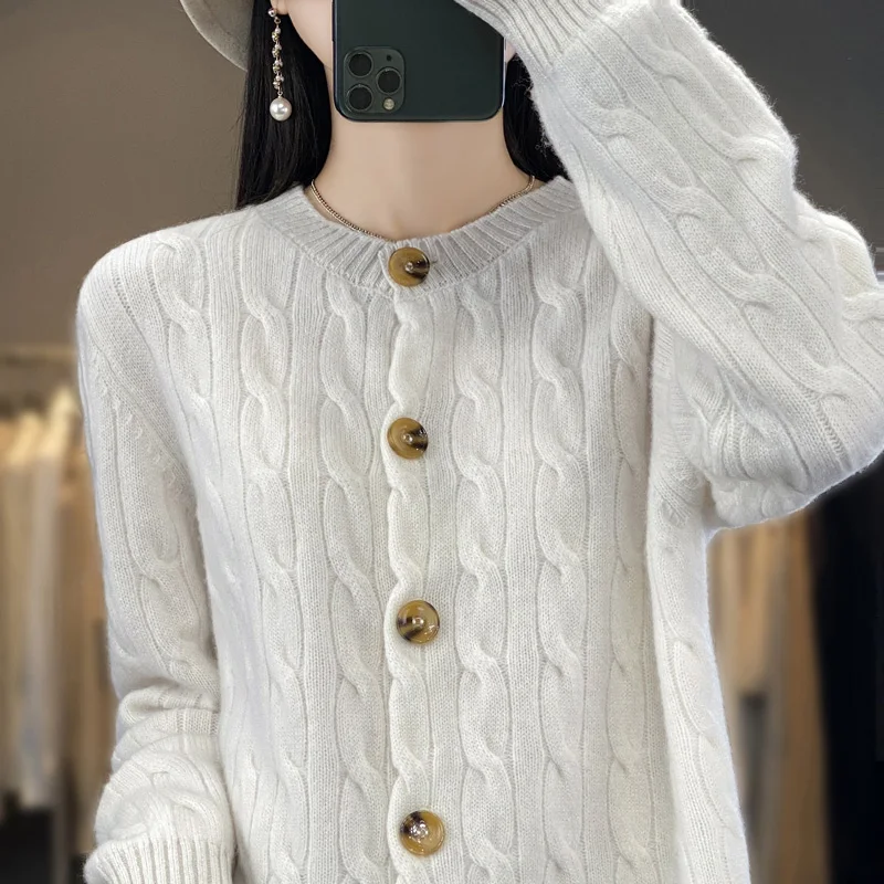 

Весенне-осенний женский кардиган из 100% мериносовой шерсти, вязаный однотонный свитер с круглым вырезом, топ высокого качества с длинными рукавами