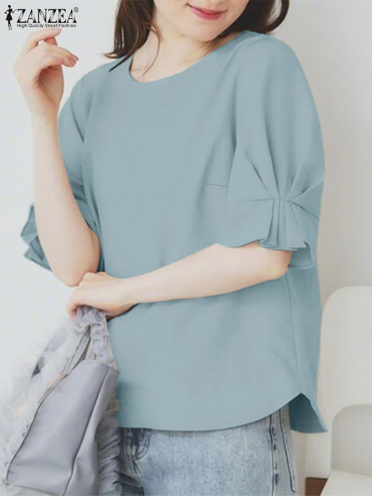 

ZANZEA 2025 Summer Blouse Fashion Women Solid Color Shirts Elegant Office Lady Tops Tunic Half Sleeve Casual Loose Female Blusas