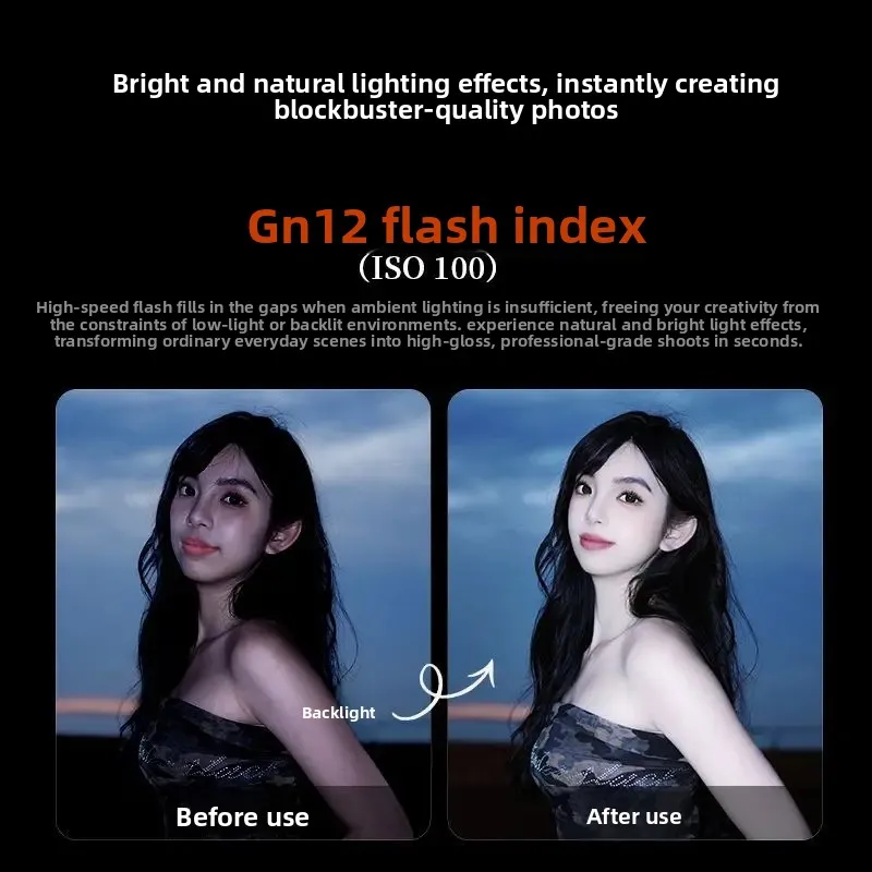 Mini flash retrô, sapata universal com bateria embutida.