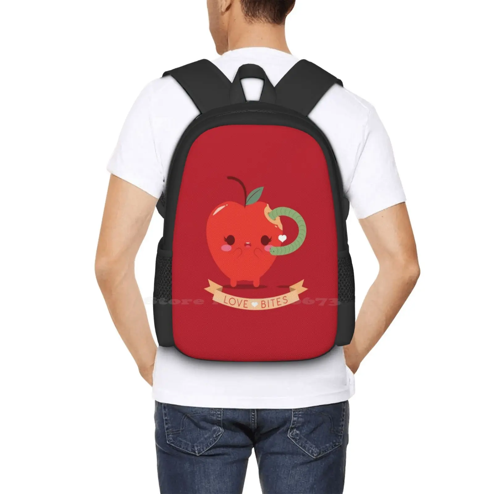 Love Bites Cute Apple Backpack, Kawaii Adorável Worm Worm na Apple, venda quente, bolsas de moda, mordidas