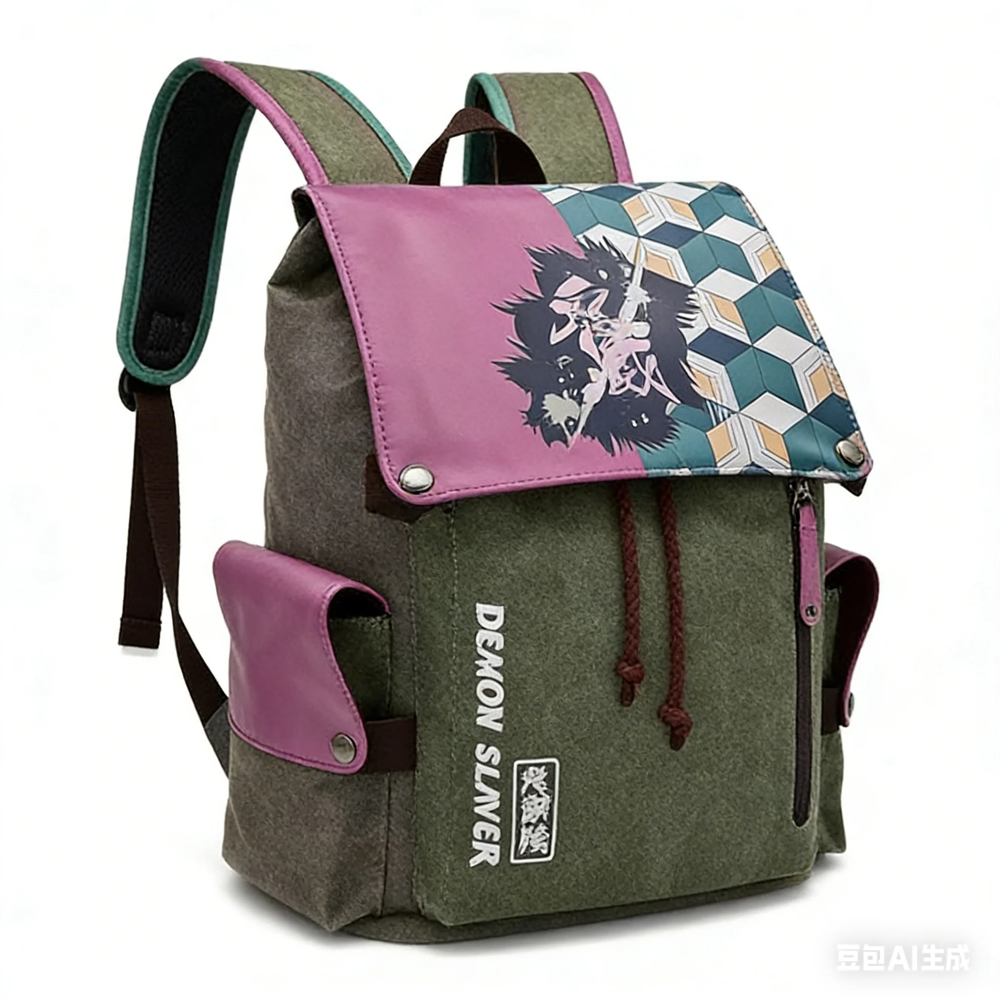 

New Demon Slayers Cartoon Cute Peripheral Anime Backpack Charcoal Jiro Beans Canvas Printed Backpack Decoration Products