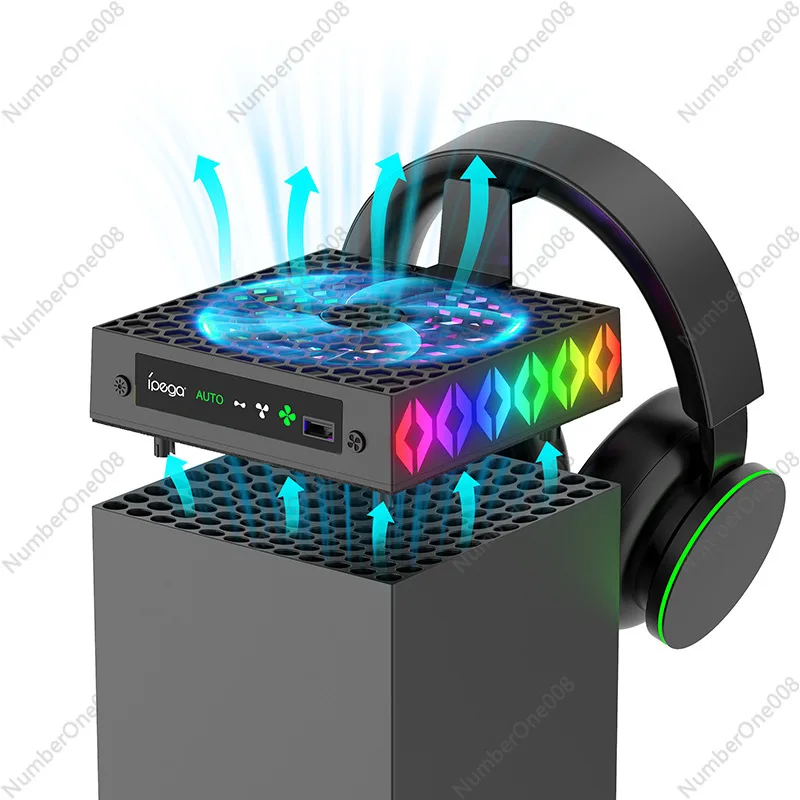 XboxSeriesX Host Temperature-controlled Cooling Fan with RGB Lights, Earphones, Hanging Storage Bracket, Game Accessories