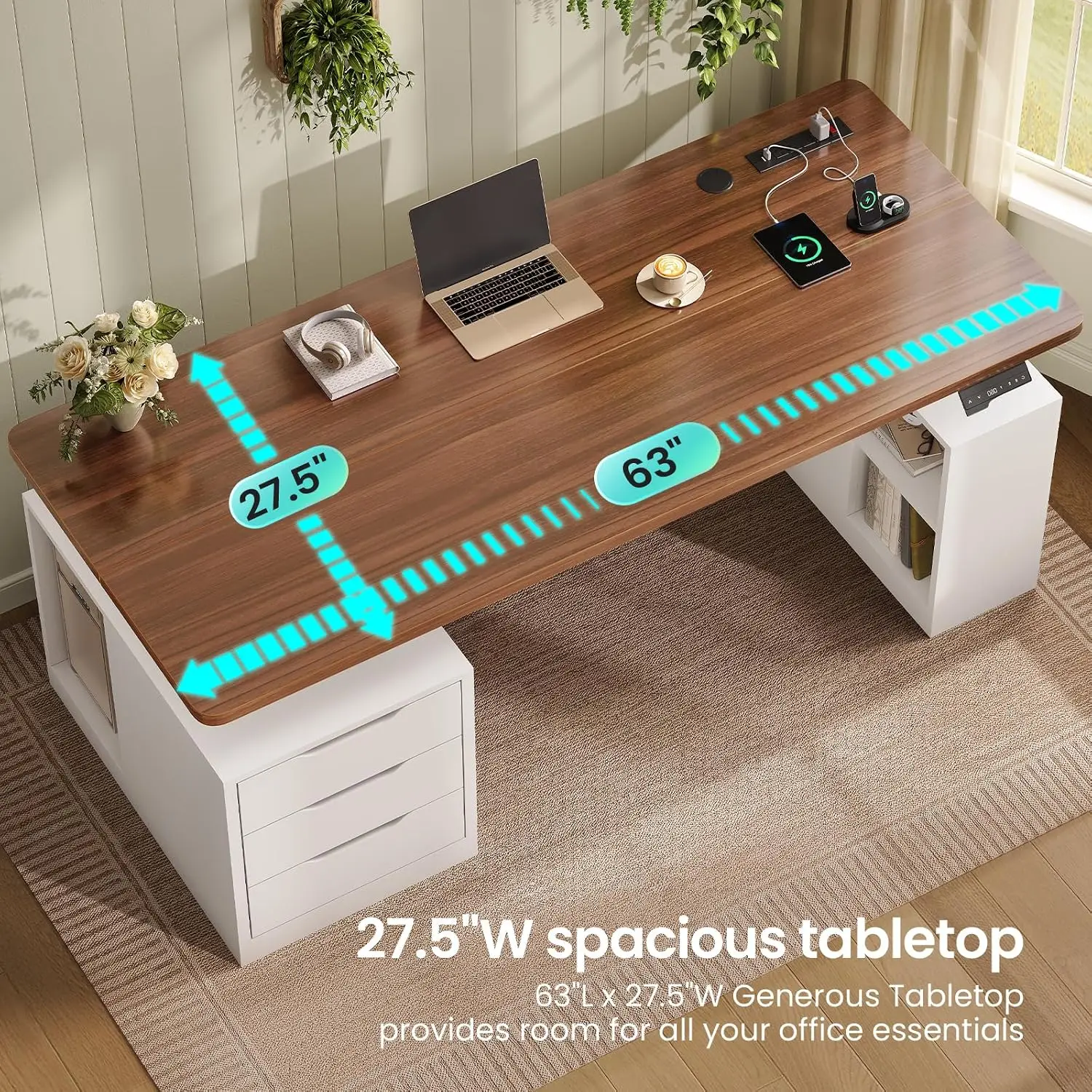 Modern Electric Standing Desk, 63" Height Adjustable Computer Desk with 3 Drawers, Storage Shelves, Power Outlets, Wood, Custom - view 4