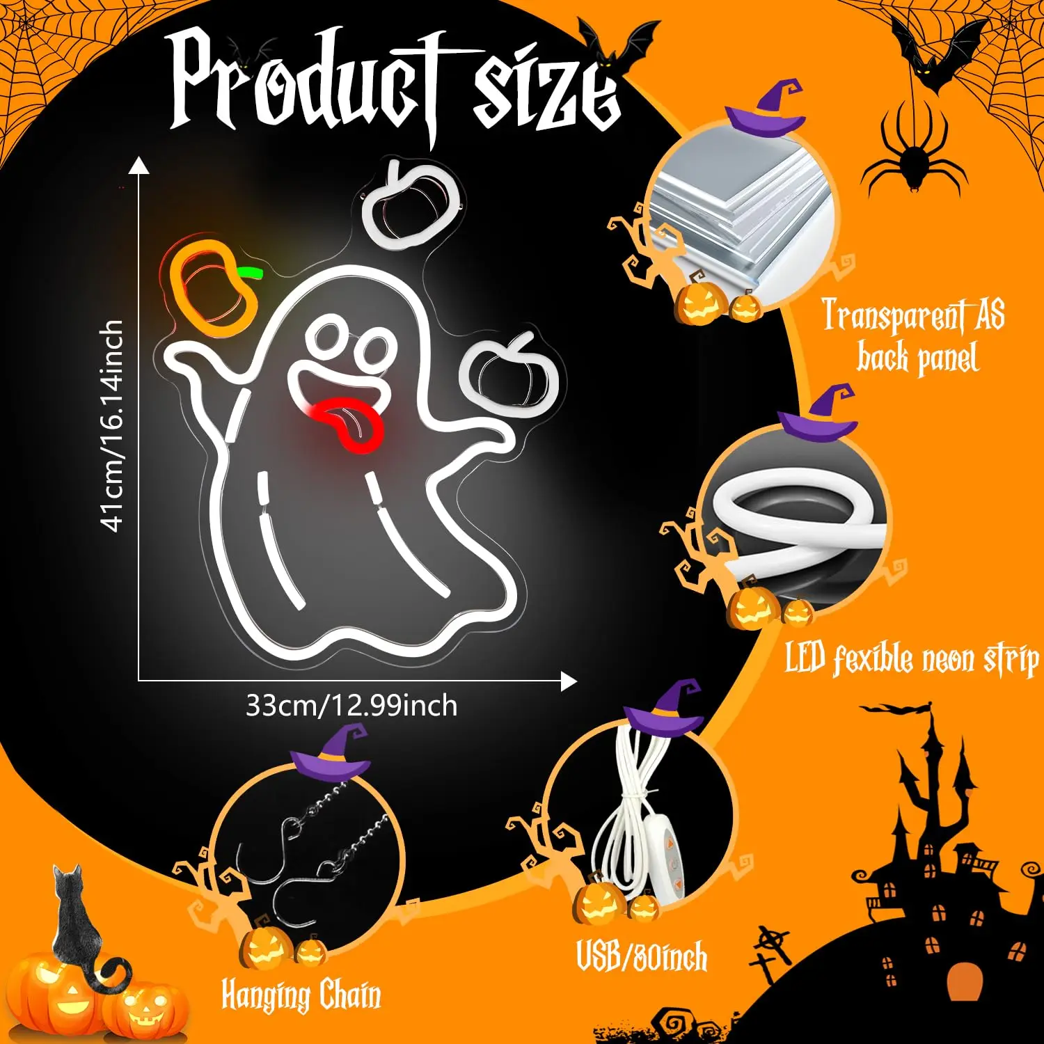 Animated Ghost Pumpkin Neon Sign, Halloween LED Window Light for Horror Party, Bar, Man Cave, Perfect Halloween Wall Decor Light