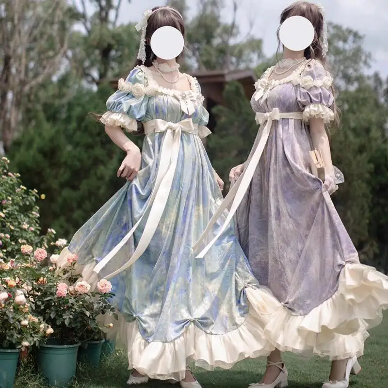 French Vintage Lolita Cosplay Prom Dress Floral Print Light Sky Blue Ruffles Wave Skirt Square Collar Puff Short Sleeve Costume