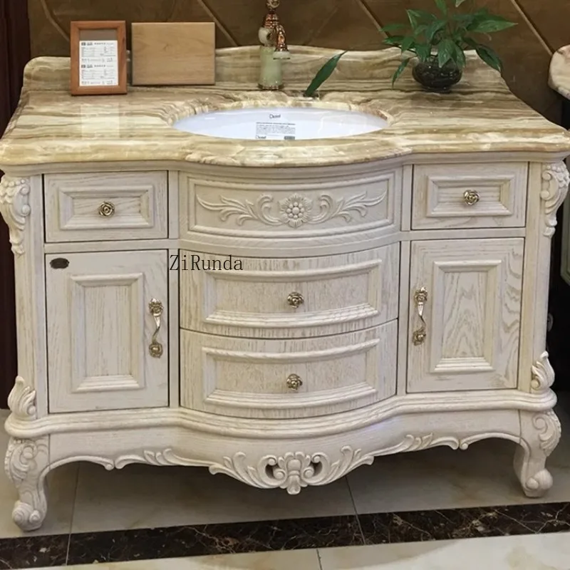 Red Oak Bathroom Cabinet Solid Wood Antique Bathroom Cabinet Marble Floor Washbasin Cabinet view 4
