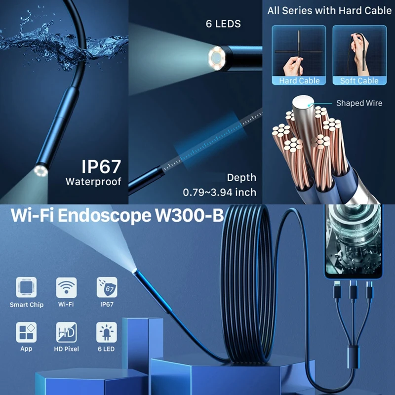 Wireless Endoscope Wi-Fi Industrial Borescope With 6 LED Lights, 3 In 1 USB Camera,Waterproof IP67 Inspection Camera