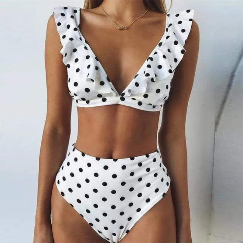 

2026 Women's Sexy Polka Dot Bikini Sets Ruffled Edge Trim High Waist Triangle Two Piece Swimsuit Vacation Beachwear Bathing Suit
