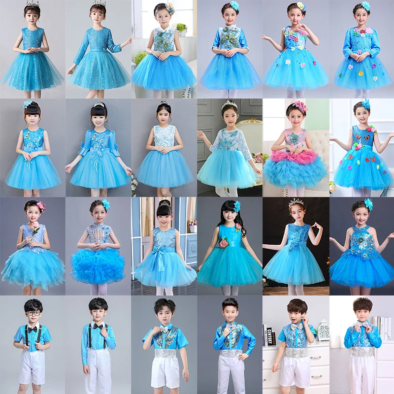 

Children's performance attire, boys and girls blue dance dress, choir fluffy skirt, performance attire