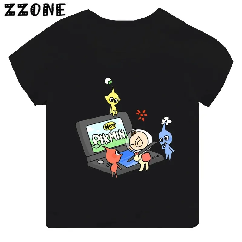 Gorąca wyprzedaż gra wideo Pikmin 4 nadruk Cartoon Kids T-Shirt dziewczęcy ubrania dla chłopców czarne koszulka z krótkim rękawem dziecięce topy,