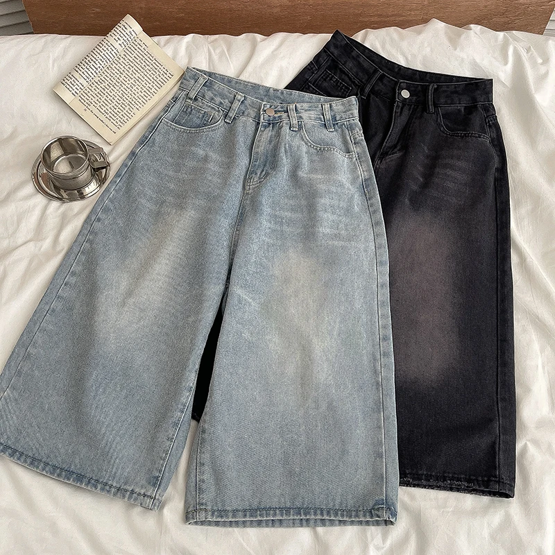 

Summer Gradient Washed Jeans 2025 New Korean Version Women's High Waisted Wide Leg Pants Fashion Versatile Calf-length Pants