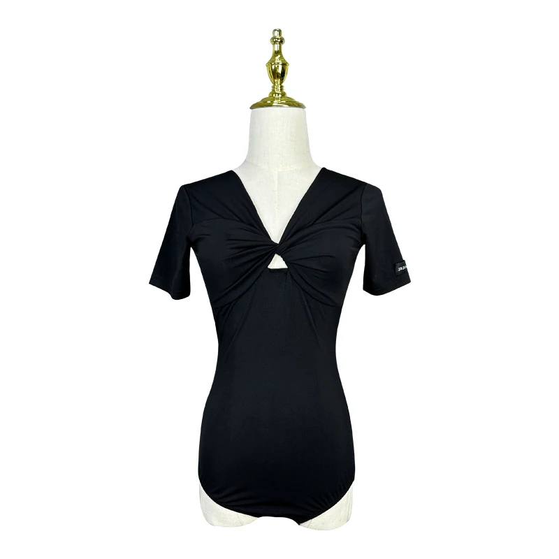 Tops de baile latino de manga corta para mujer, mono con cuello en V, ropa de práctica negra, camisas de baile de salón de Rumba para adultos, DNV18052