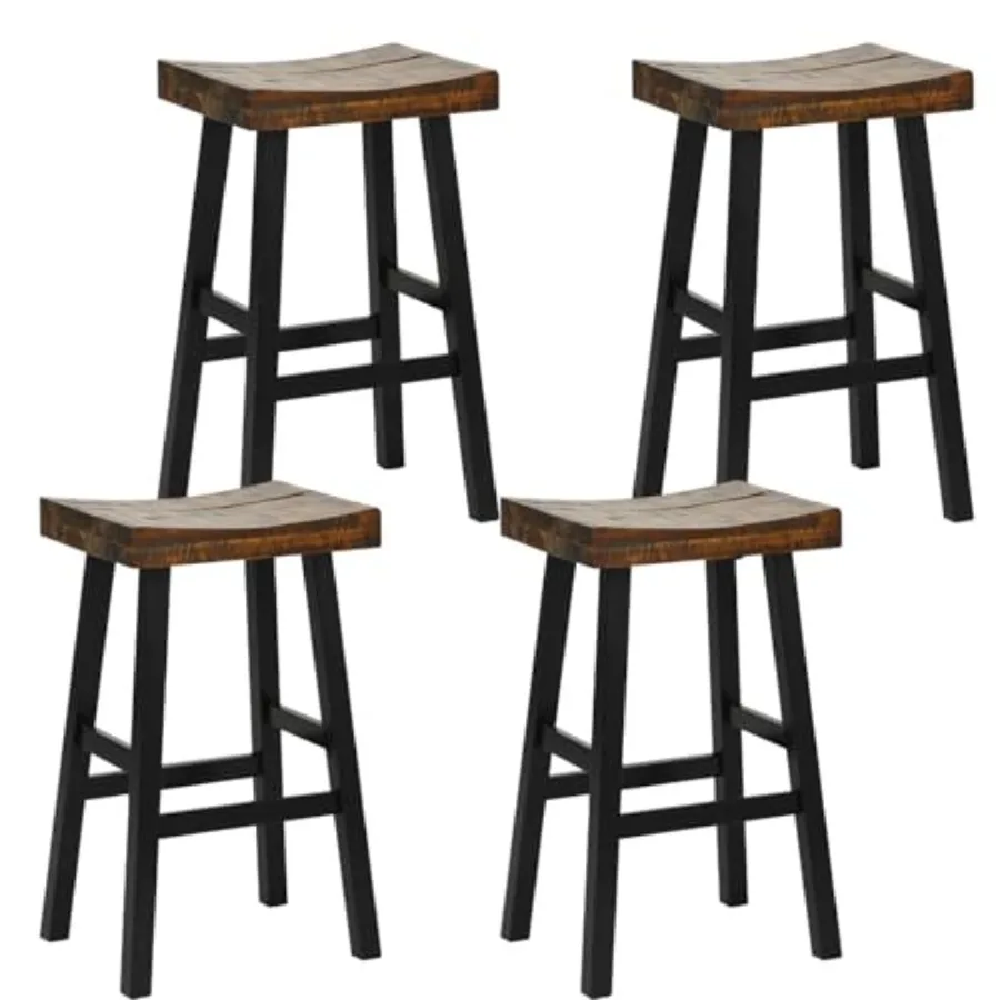 

Wooden Backless Saddle Barstools Set of 4, 29-inch Bar Height Rustic Bar Stools with Rubber Wood Frame and Footrest for Kitchen