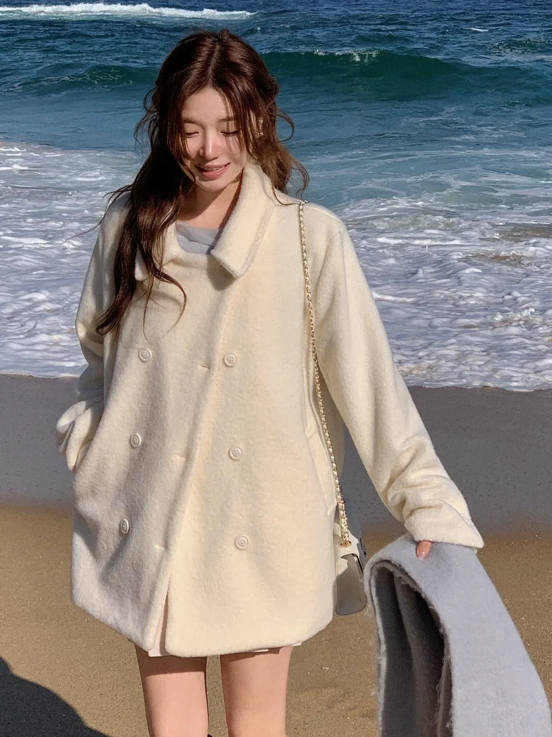 Ele hiver blanc manteau en laine femme Faion petite taille Double rangée boutons trajet décontracté scénarios centre commercial même Sle