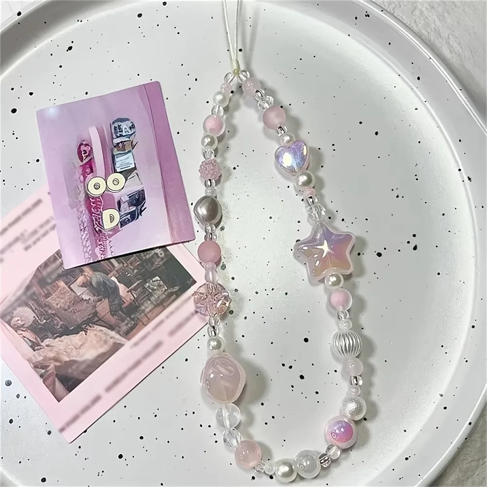 Korean Sweet Cute Pink Star Heart Beaded Phone Chain Charm Lanyard For iPhone Samsung Universal Anti-Loss Hanging Rope Jewelry