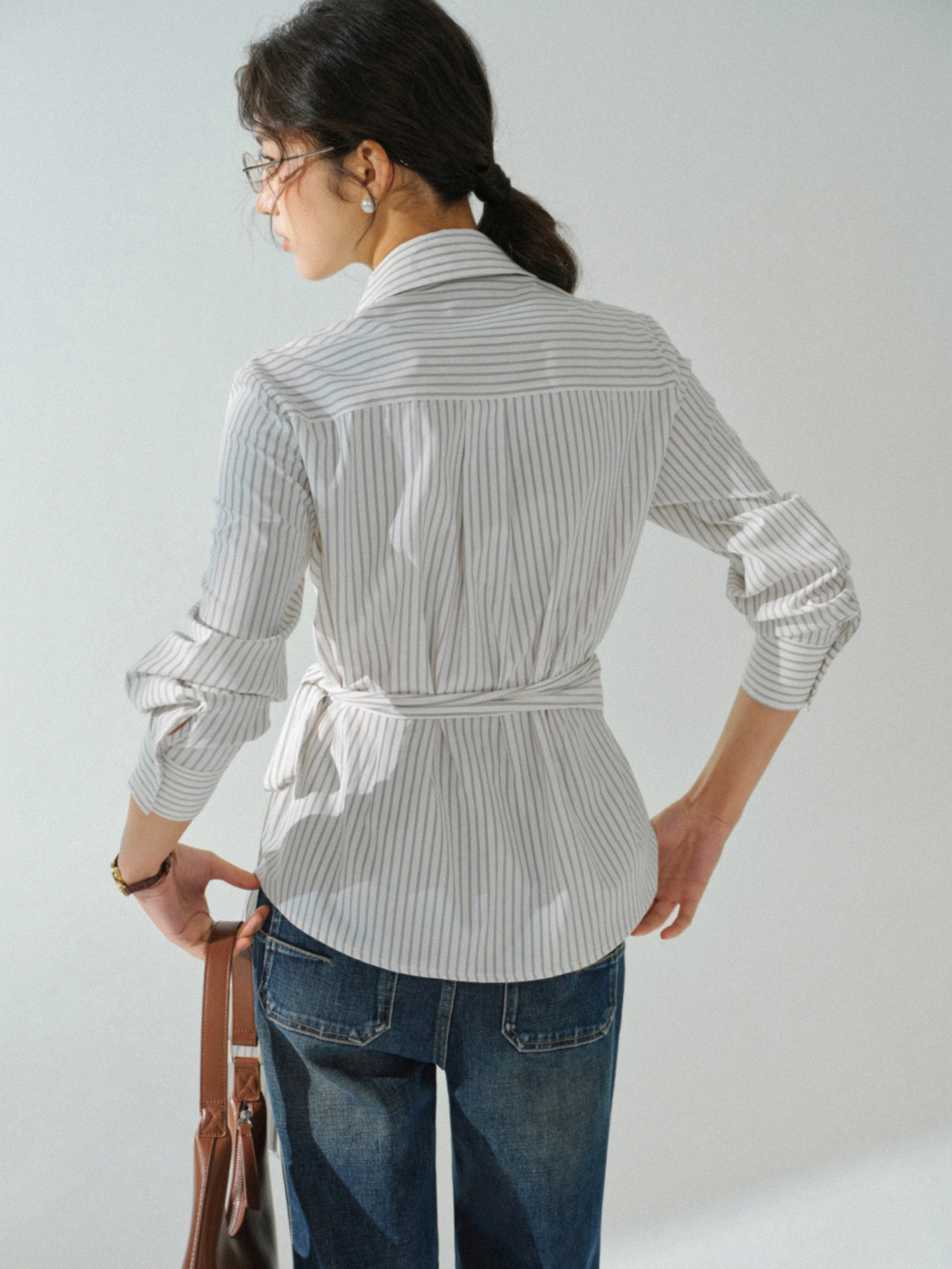 Striped Wrap Shirt Women Long Sleeve Button Down Blouse Slim Fit Waist Tie Top Autumn Office Wear Elegant Lapel Collared Outfit