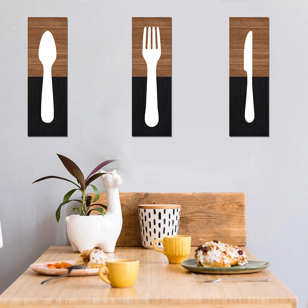 

3Pcs Kitchen Wall Decor Fork Cutter Spoon Wooden Hanging Sign Rustic Board Dining Room Wall Art Restaurant Pendant