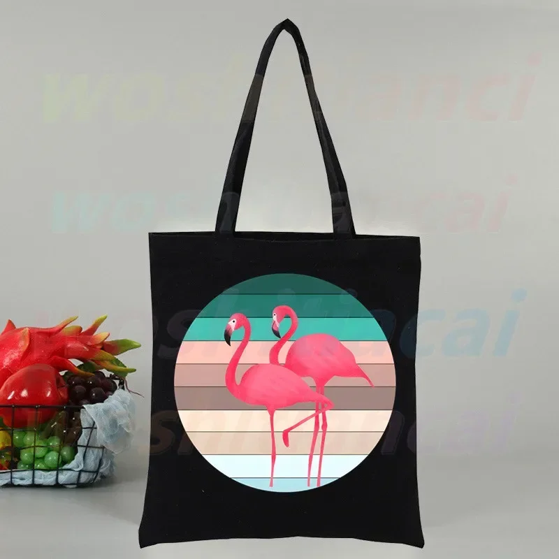 Flamingo Large Women's Shopper Bag Canvas Tote Shoulder Bags Shopping Bag with Print Black Cloth Handbags Eco Friendly