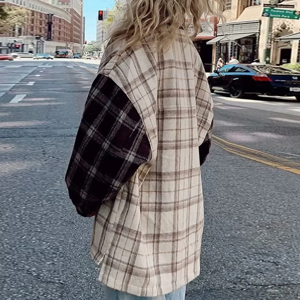 TWOTWINSTYLE Hit Color Plaid Loose Jackets for Women Lapel Long Sleeve Spliced Button Coats Female Fashon Style New