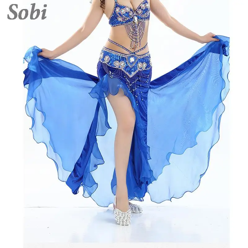 Vrouwen Buikdans Performance Rok Sexy Split Lange Chiffon Rok Lage Taille Swing Dance Wear Carnaval Feest Danskleding