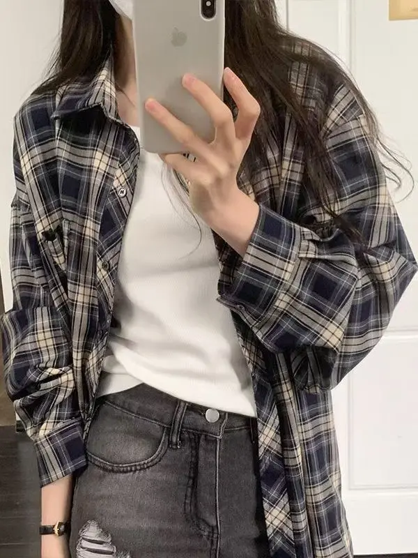 

Retro Plaid Long Sve irt Women's Loose Fit Casual Sle Polyester Cotton Blend Spring Autumn New Arrival Couple's irt