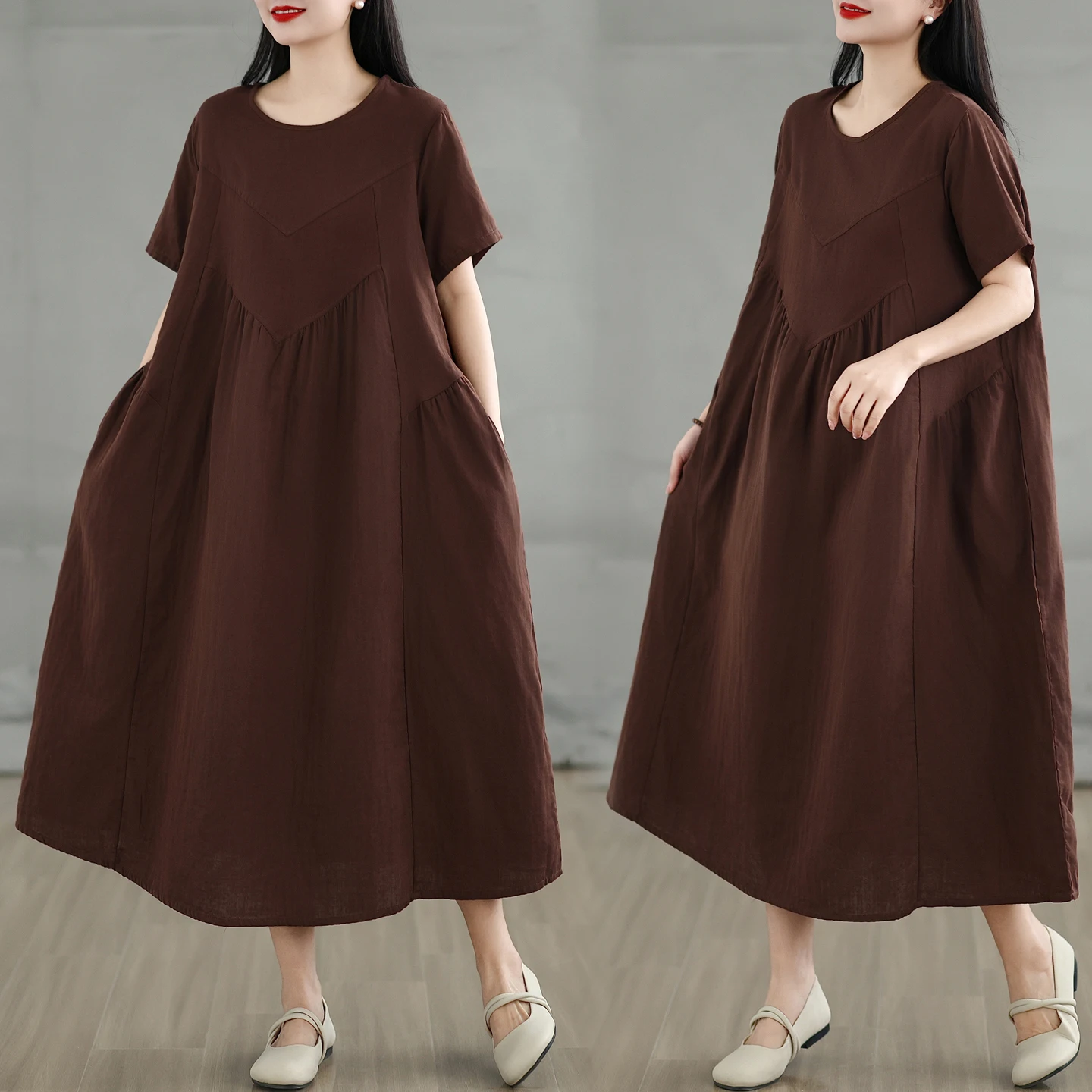 

Ретро-платье из хлопка с круглым вырезом и коротким рукавом для женщин, свободного кроя, больших размеров, с эффектом похудения, А-силуэт, юбка-платье для прогулок по городу, с завышенной талией, весна-лето