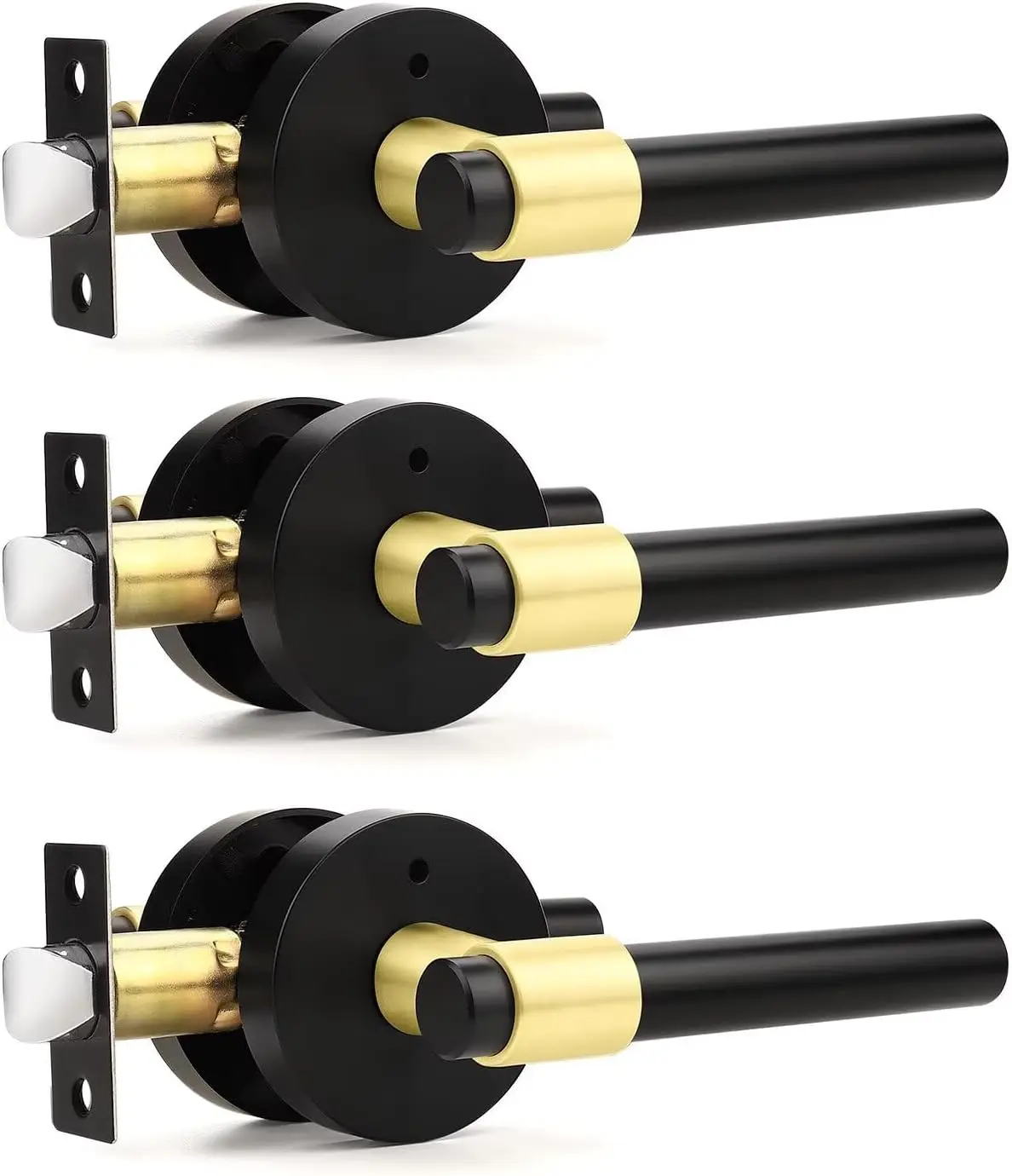 

3-Pack Black Gold Door Levers for Bathroom Bedroom, Heavy Duty Reversible Keyless Privacy Lock
