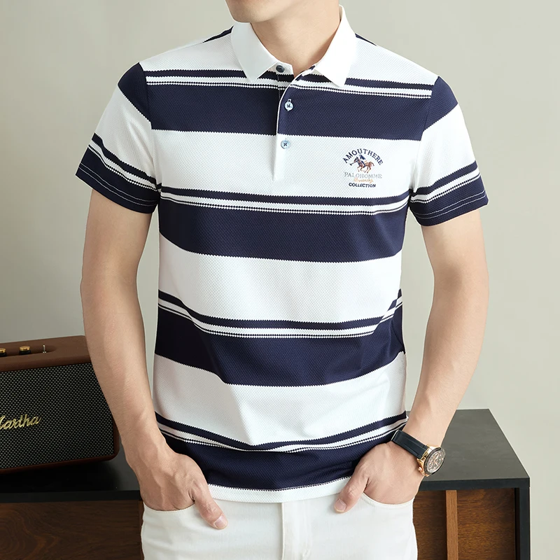 Luxuriöses Sommer-Herren-Poloshirt mit Kurzen Ärmeln, Kragen und Knöpfen, Hochwertige Stickerei, Modische Streifen, Atmungsaktive Herrenkleidung – Detail 12
