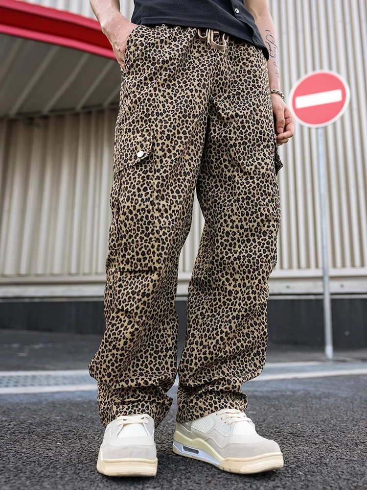 

TRAF Spring And Summer New Men's Leopard Print Pants Loose Drawstring Wide-Legged Pants Fashion Street Shooting Men's Clothing