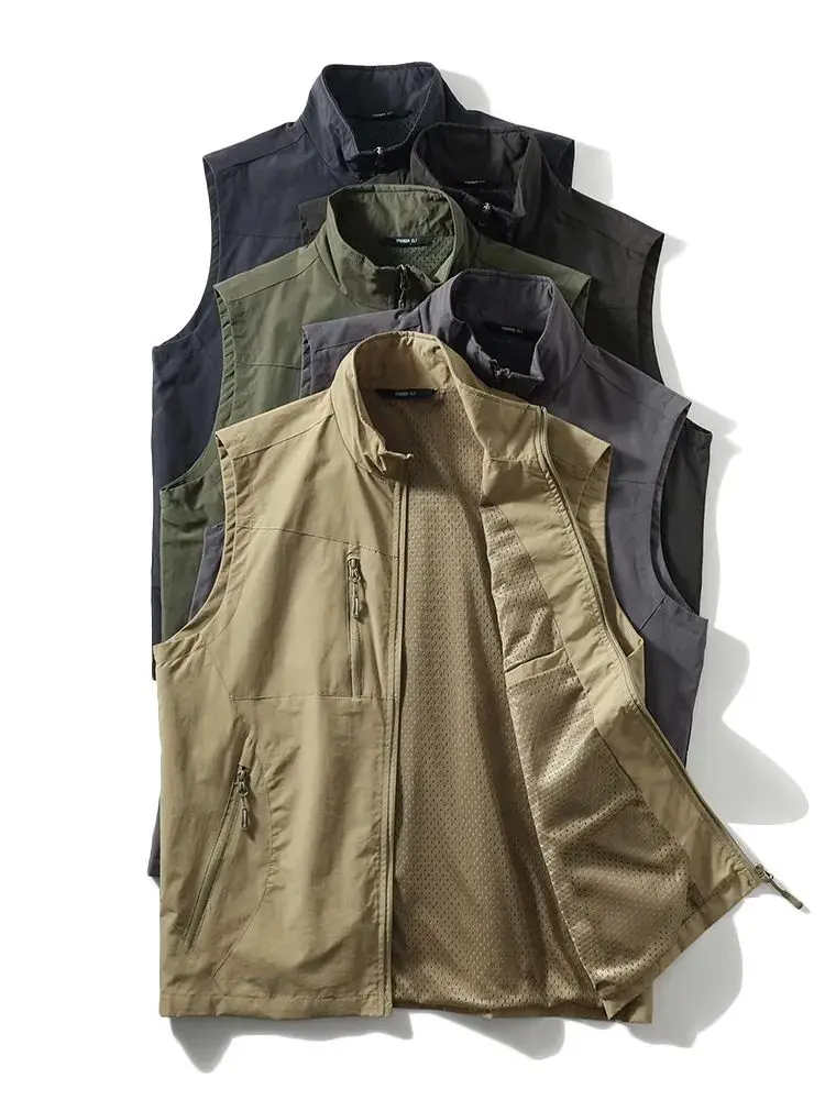 

Men's Zipper Stand Collar Multi-ket Casual Vest Thin Svel Fiing Vest oulder Pad Regular Fit Polyester Fiber