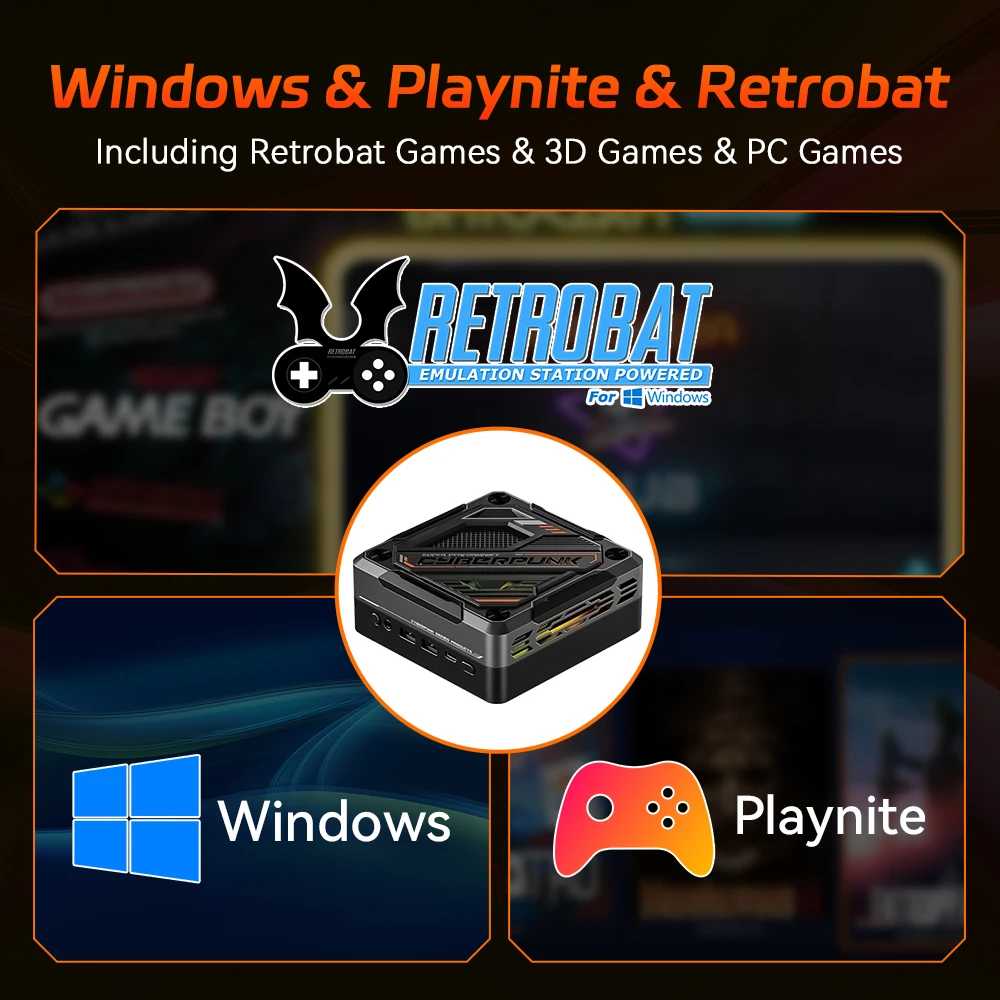 صندوق كمبيوتر ألعاب Cyberbox مع 38000+ لألعاب PS4/PS3/PS2/Switch/Saturn/N64/ التوصيل والتشغيل للتلفزيون WIN&Playnite & Retrobat Ryzen7 7840HS