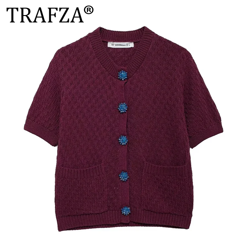 TRAFZA Solid Color Elastic Knitted Top Blue Jewelry Button Decoration Women\'s Short Top Design Sense High Quality Clothing