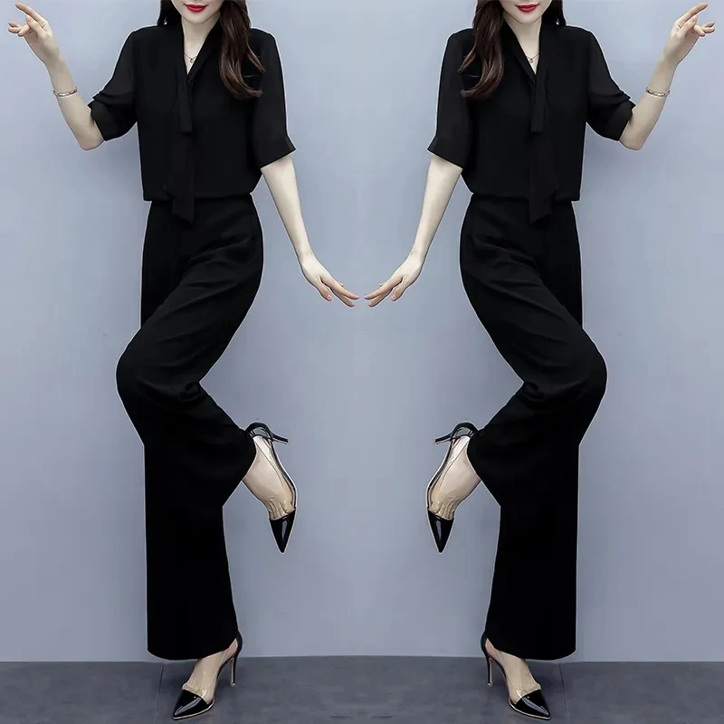 Elegant Women Outfits Spring Summer Wide Leg Pants Black Suits OL 2 Piece Sets Korean Loose Tops And Trousers Female Casual 2PCS