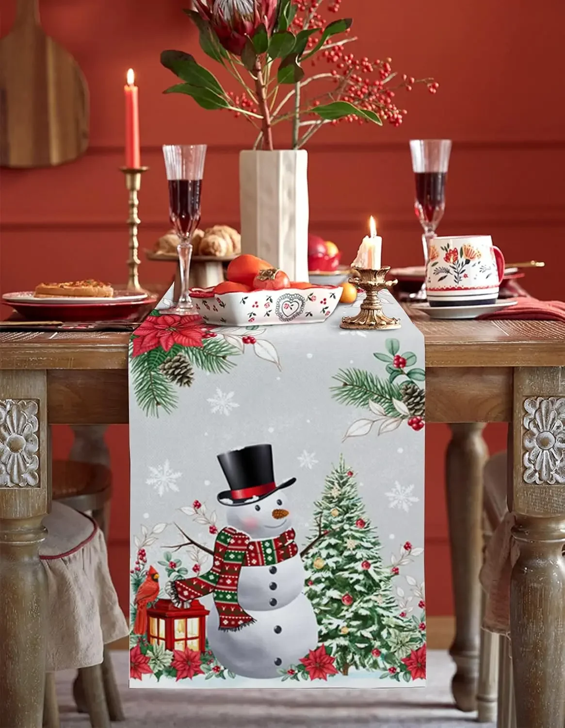 Christmas Snowman Tree Snowflake Poinsettia Grey Linen table runners Room decor washable table runners Christmas decorations