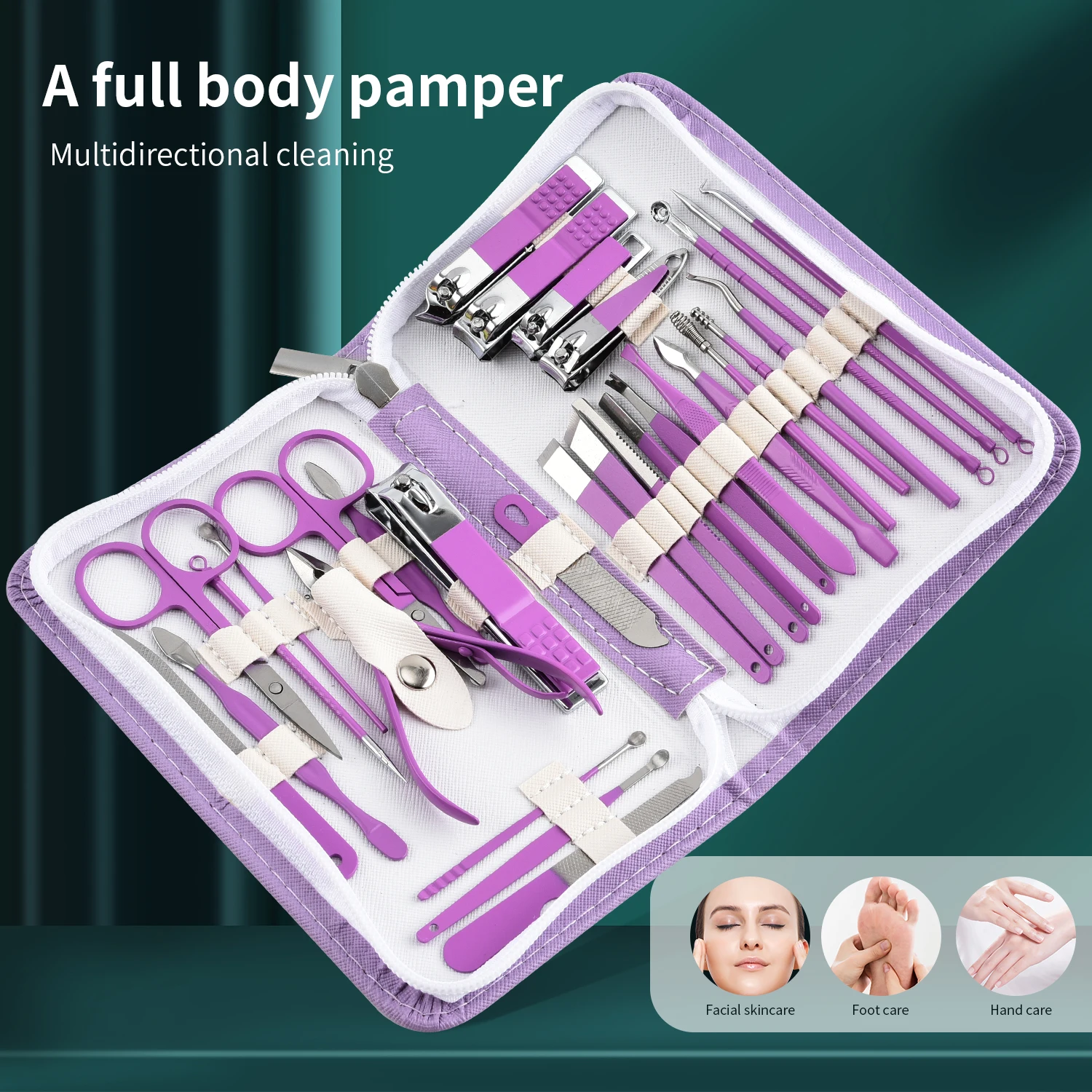 30 Pcs Purple Manicure Set Professional travel kit Stainless Steel Solid Manicure Kit Nail Care Kit With Pink Case Valentine