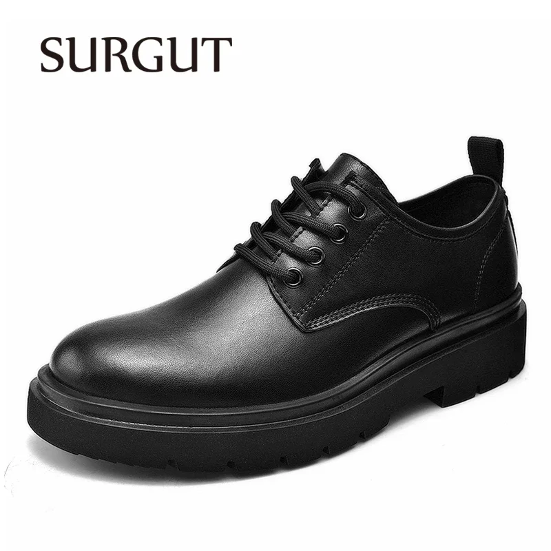 

SURGUT Men Work Shoes British School Outdoors Leisure Height Increasing Platform Lace Up Thick Soled Genuine Leather Male Shoes