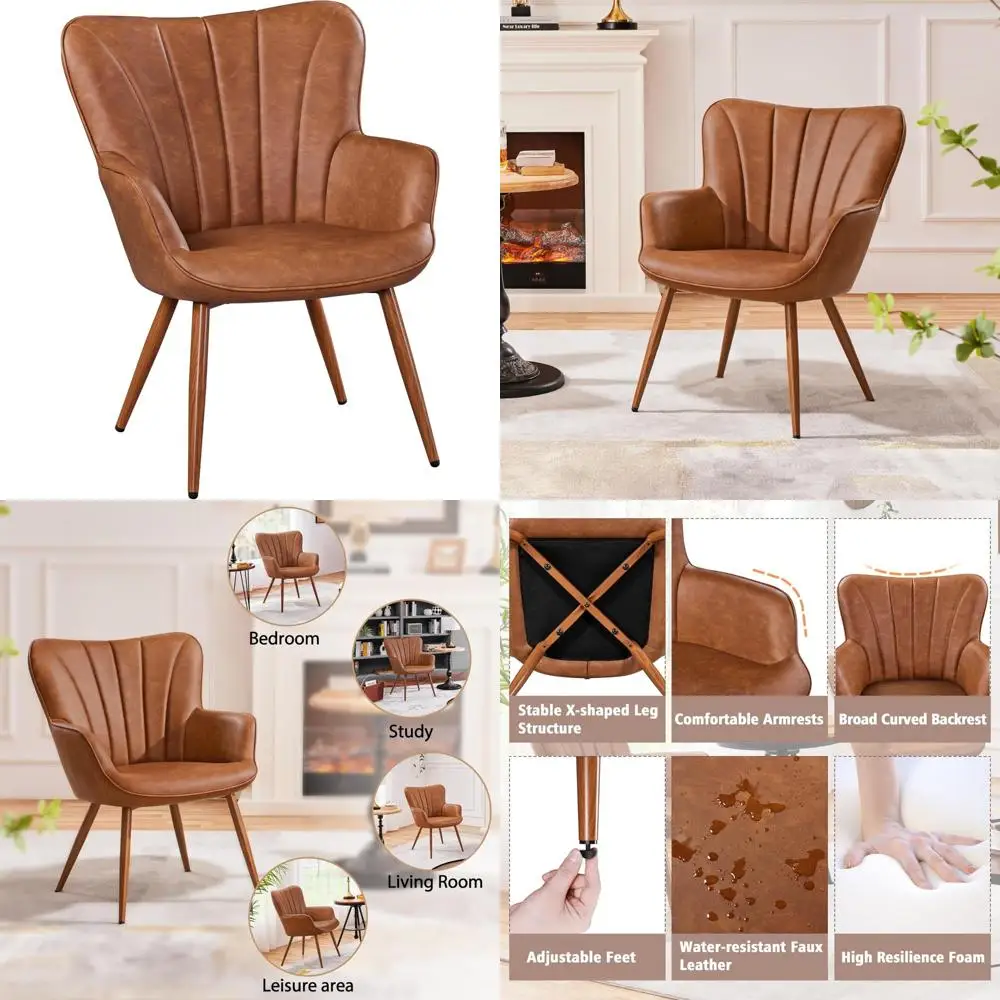 كرسي أسطواني منجد حديث بأرجل معدنية، كرسي مريح من جلد البولي يوريثان لغرفة المعيشة وغرفة النوم وغرفة الزينة