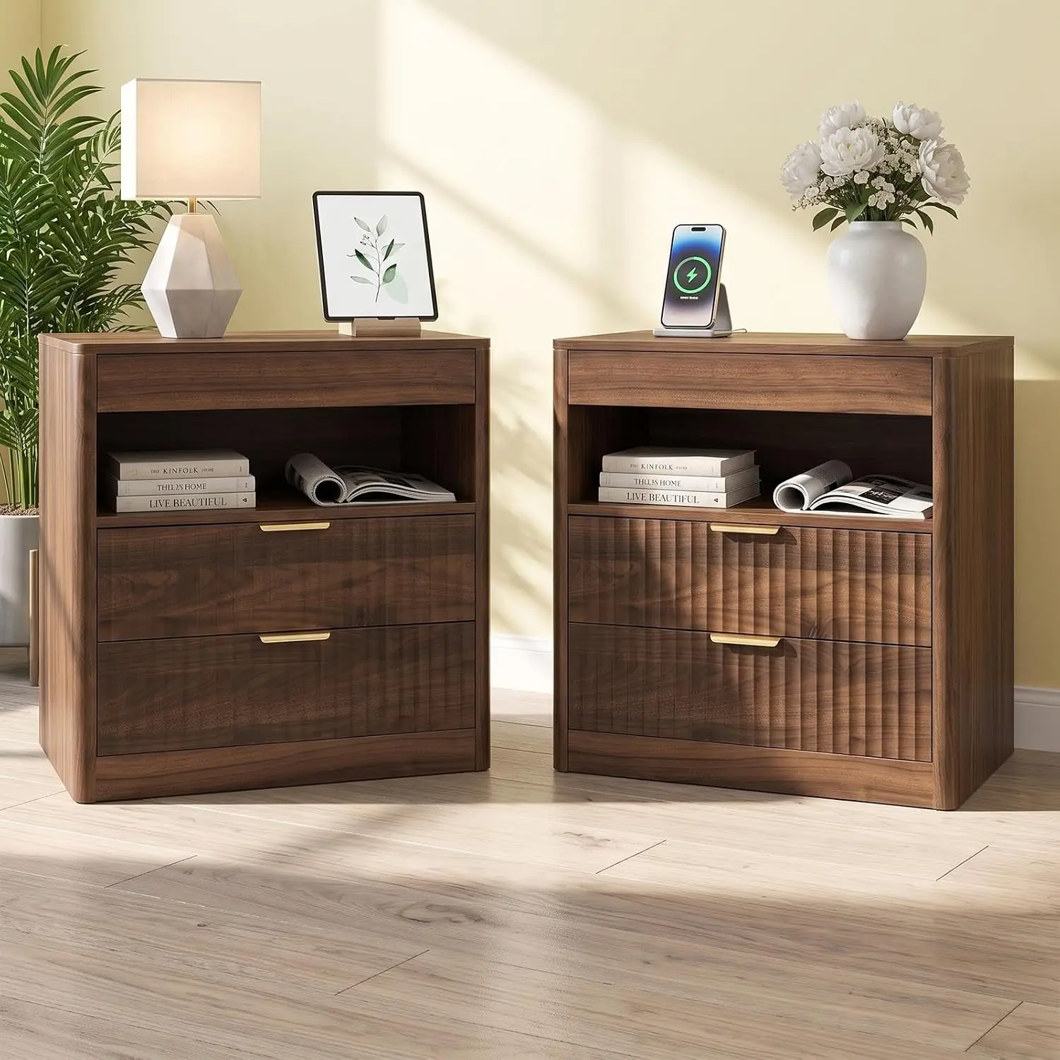Walnut Fluted Night Stand with Extendable Shelf and 2 Drawers | Side Table with Type-C Charging Station, Mid, Customized