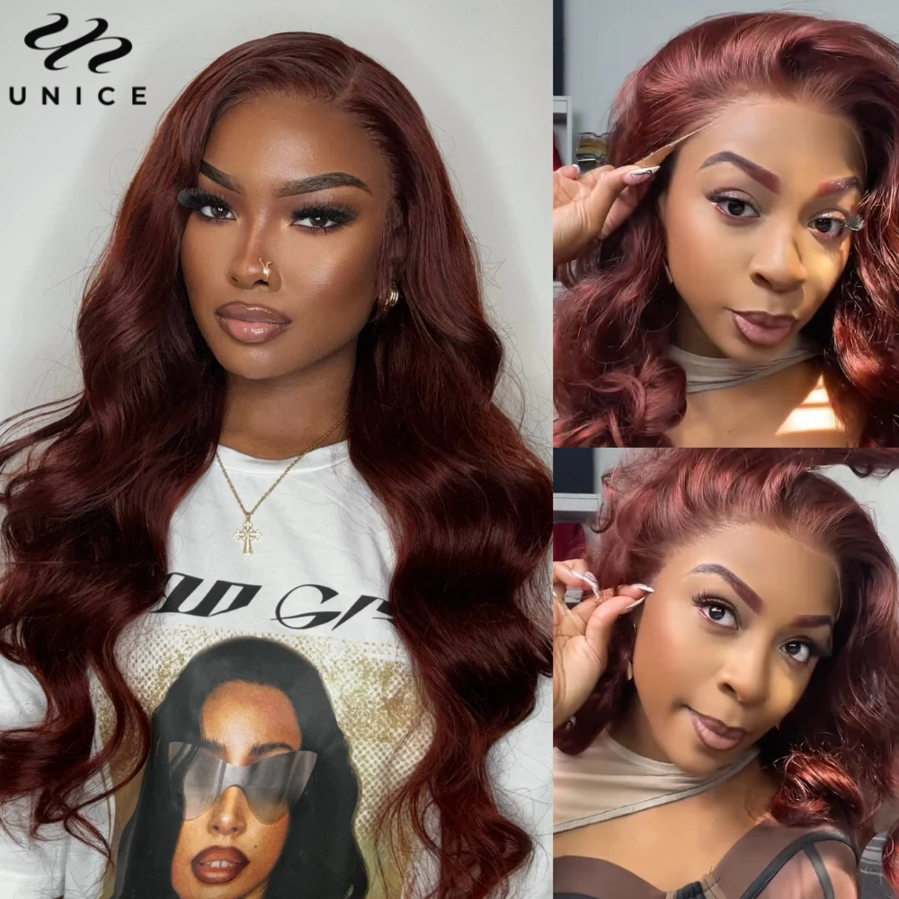 

Unice Reddish Brown 3D Body Wave 13X4 Human Hair Lace Frontal Wig Pre Cut Pre Bleached Pre Plucked Pre Taped Ear Tab Lace Wig