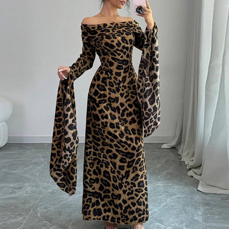 2024 Sexy Split Long Sleeve Slim Party Dress Women Fashion High Waist Bodycon Dress Elegant Slash Neck Leopard Print Long Dress