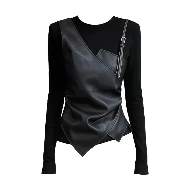 Black Leather Splicing Fake Two-piece Knitted Sweater for Women Looking Thin in Early Spring Pinching Super Good-looking Top