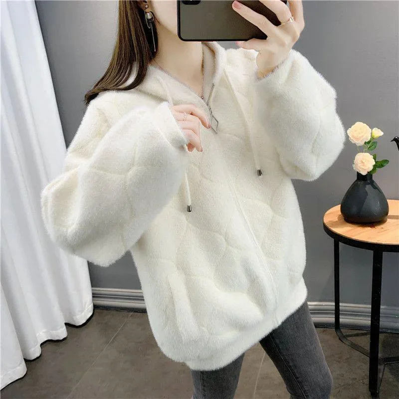 New Autumn Winter Fashion LooseThickened Hooded Imitation mink Velvet Jacket Women Knitted Cardigan Female Tops Outerwear E4330