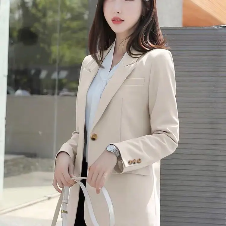 Blazer jaket profesional wanita, jaket gaya Korea elegan longgar kasual Vintage warna Solid Single-breasted Blazer musim gugur