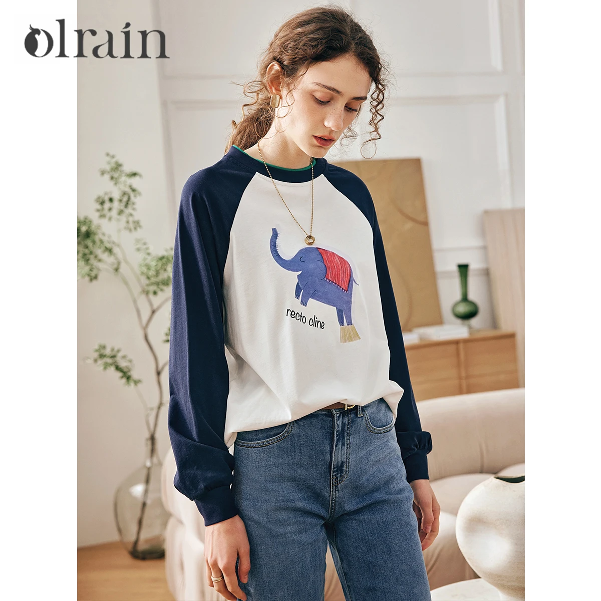 

OLrain French Cotton T-shirt Women's Autumn 2025 New Cartoon Print Top O-neck Long-sleeve Tees Casual Female Clothing O57QT69112