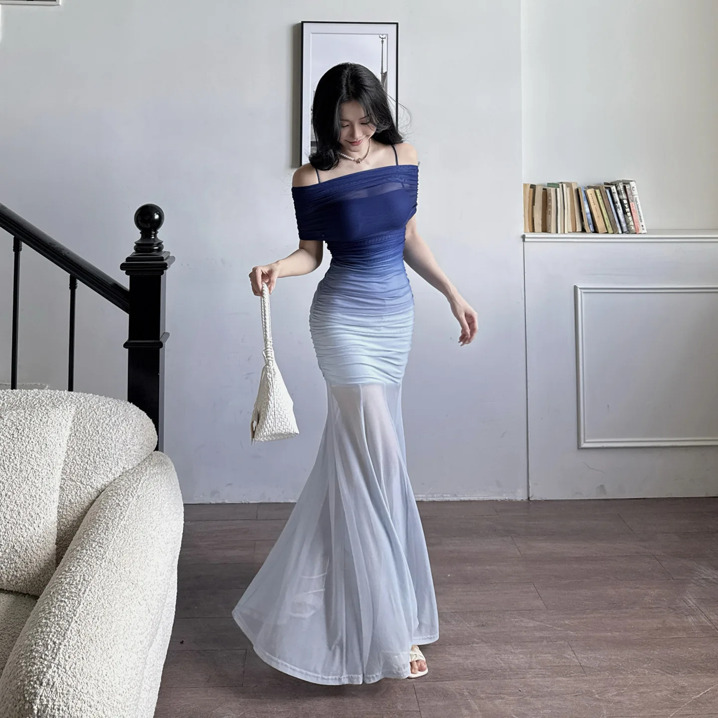 Vestido degradado de un solo hombro para mujer, vestido de verano de gama alta con cintura adelgazante